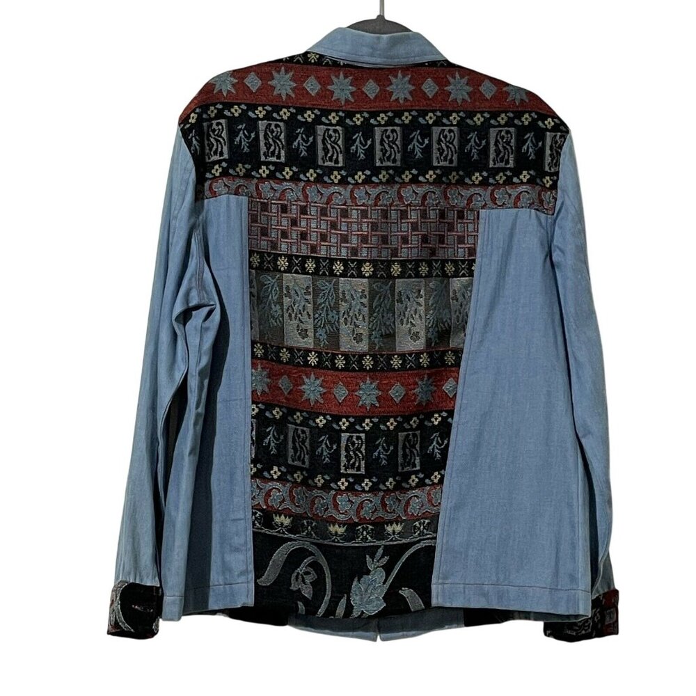 Vintage Alex Kim Denim Shirt Size M With Patterned Panels & Stone Buttons - Picture 3 of 7
